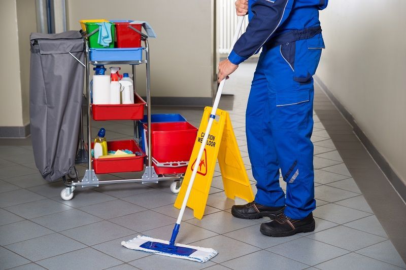 Janitor With Broom Cleaning Office Corridor cm