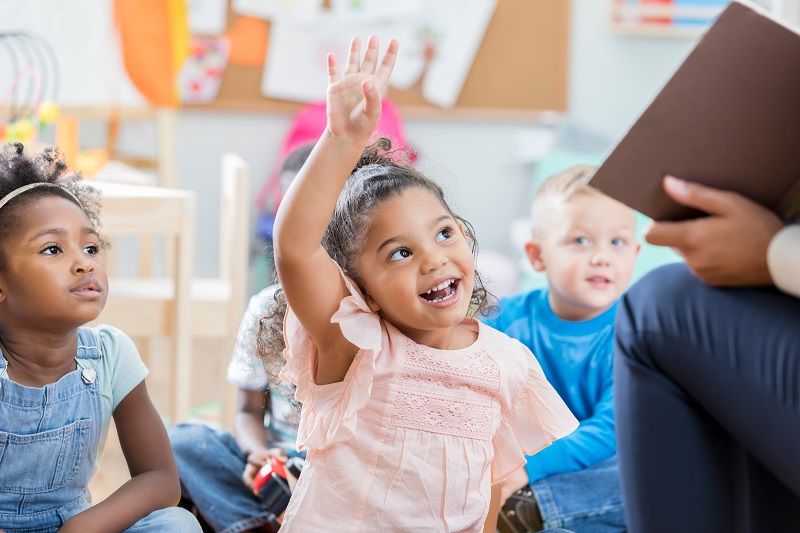 Little girl raises her hand in class cm